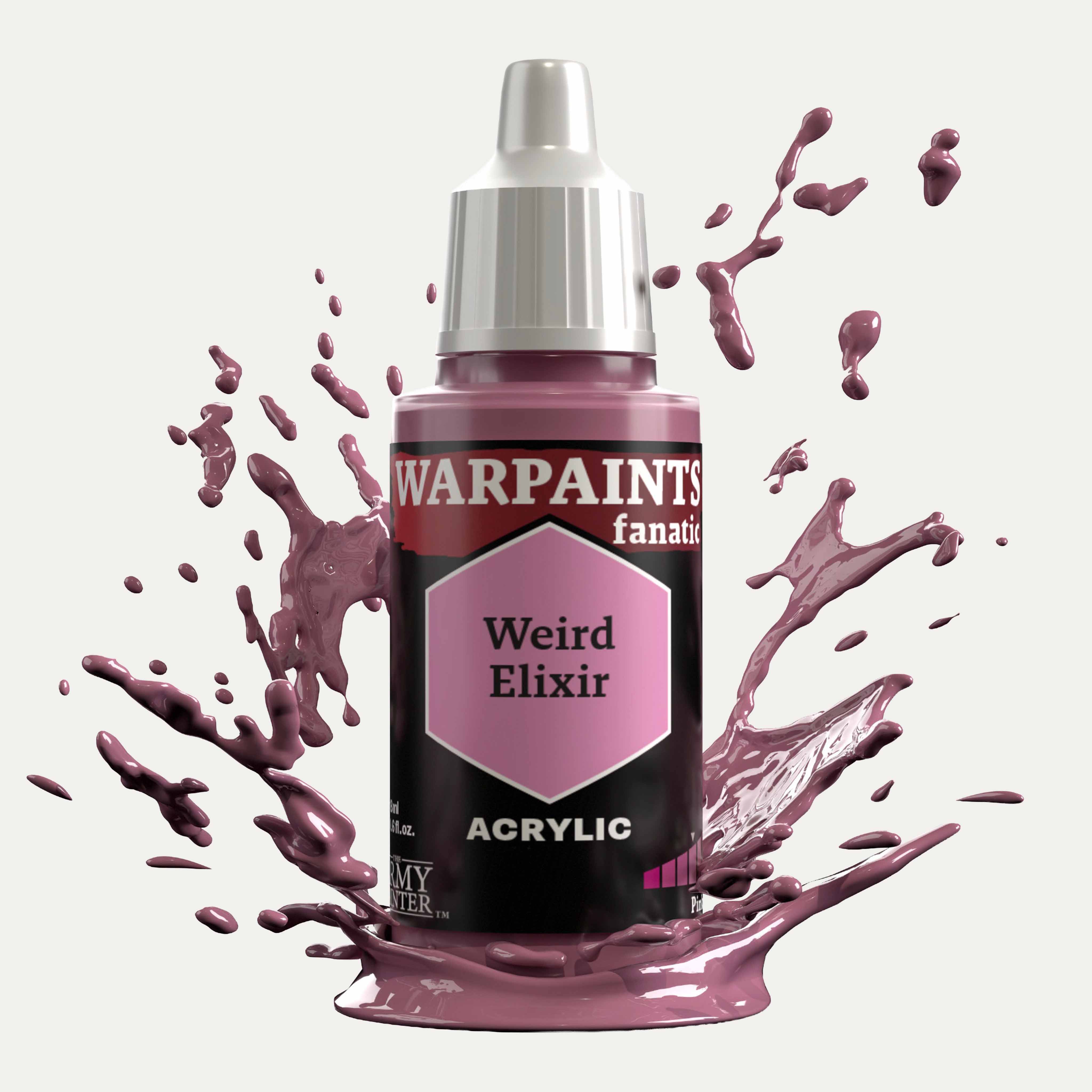 Bottle of the Army Painter Fanatics in the colour Weird Elixir on a white background. There are splatters of paint emerging from the bottom of the paint bottle. 