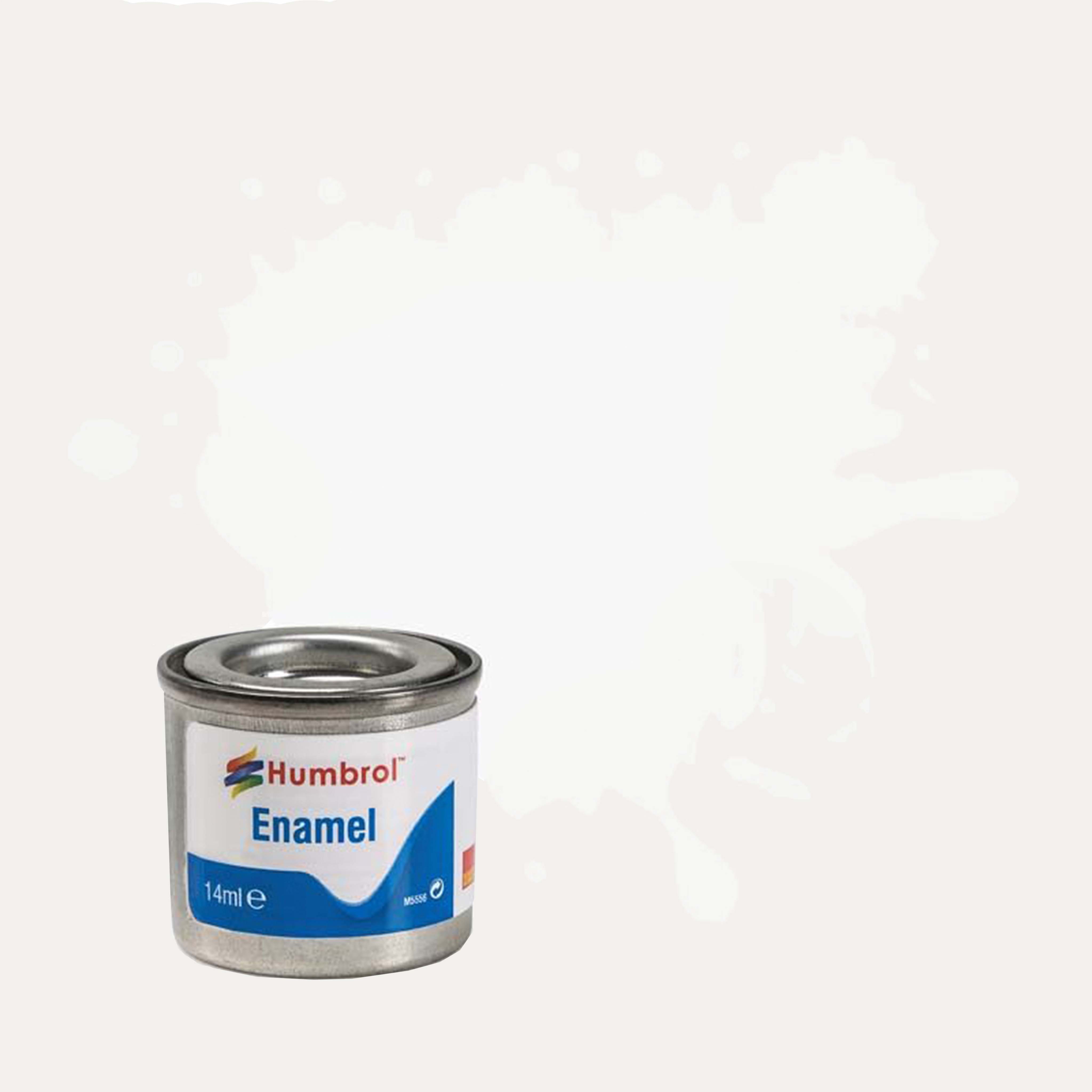 Humbrol Enamel paint tin, with a splatter of White Satin colour behind it, on a white background.