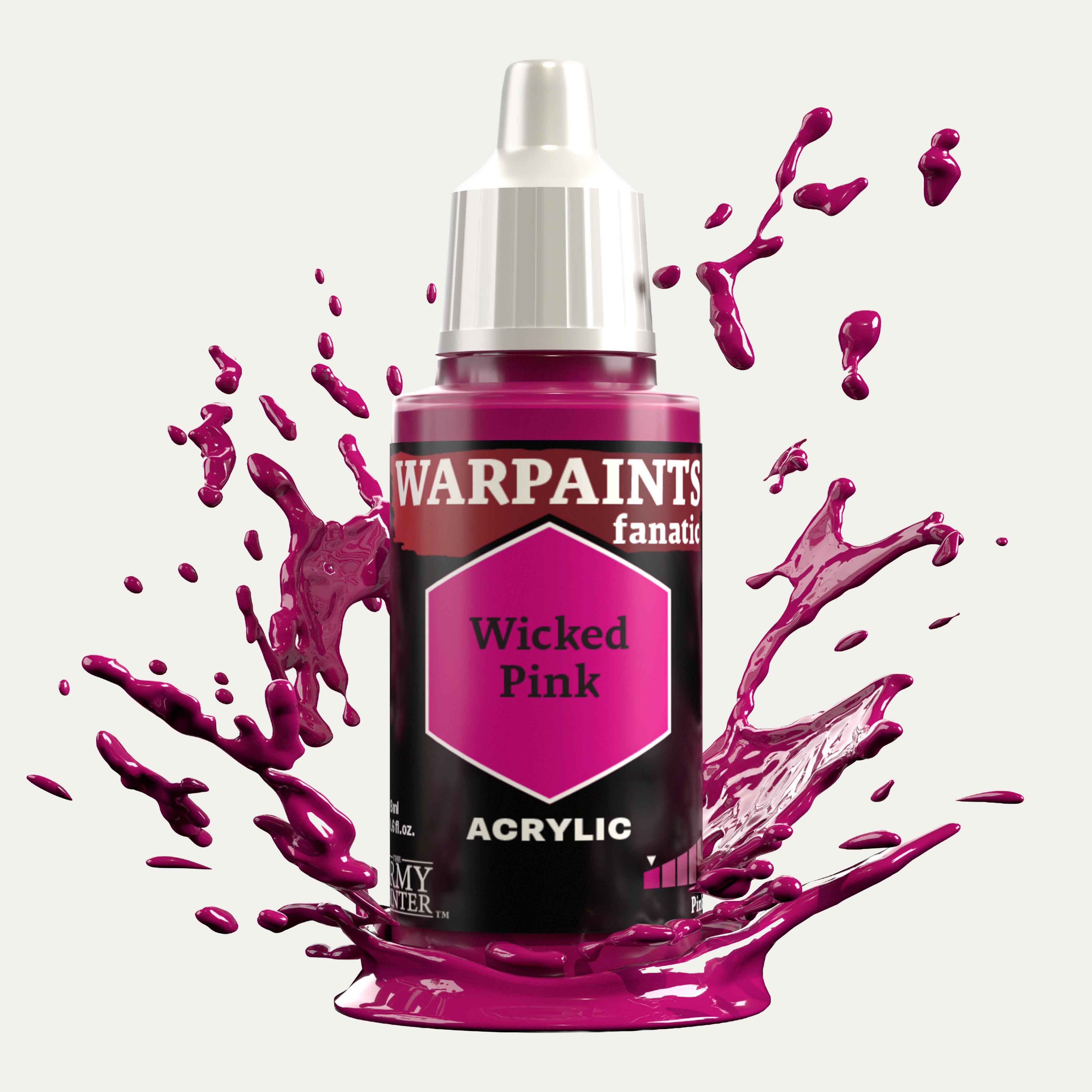 Bottle of the Army Painter Fanatics in the colour Wicked Pink on a white background. There are splatters of paint emerging from the bottom of the paint bottle. 