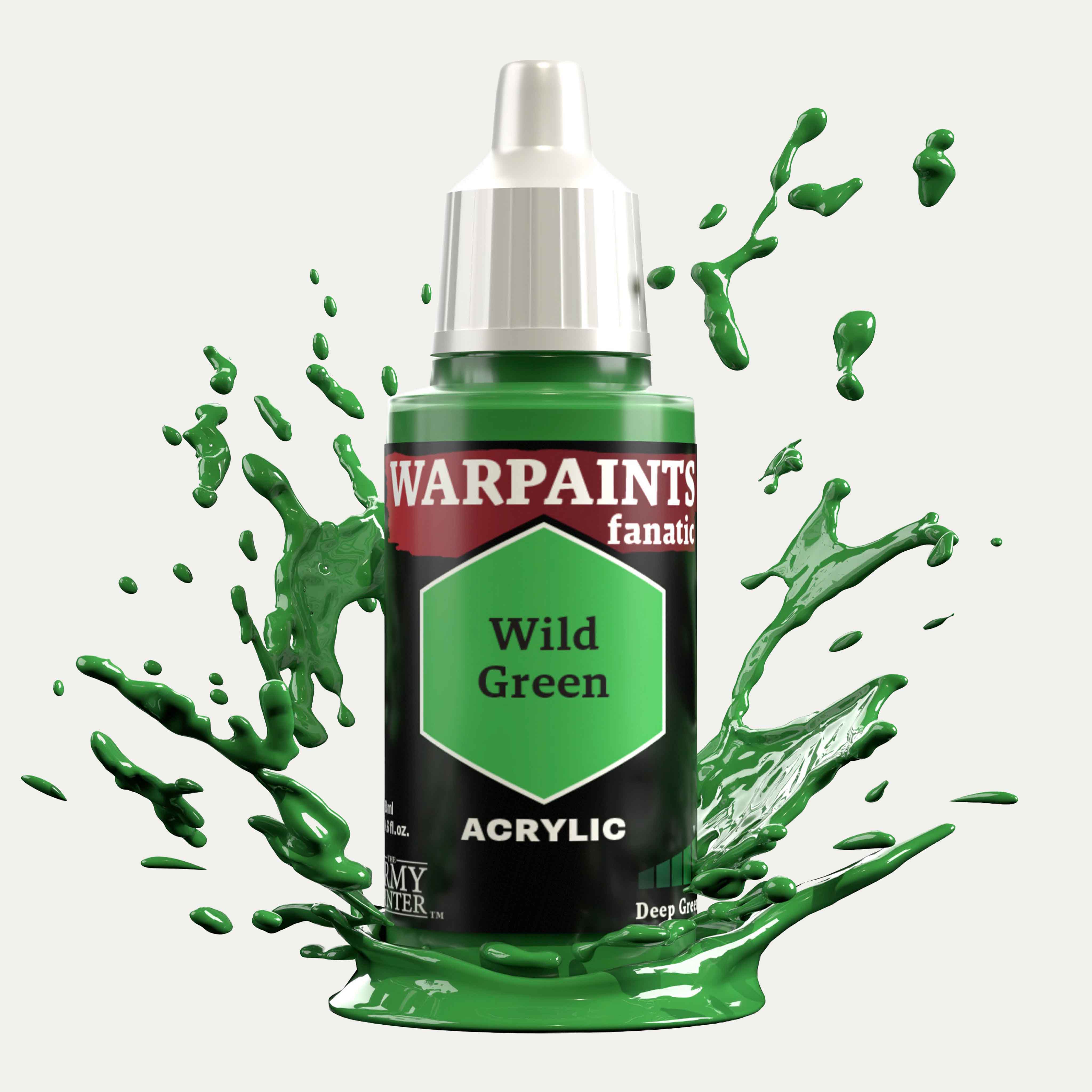 Bottle of the Army Painter Fanatics in the colour Wild Green on a white background. There are splatters of paint emerging from the bottom of the paint bottle. 