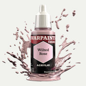 Bottle of the Army Painter Fanatics in the colour Wilted Rose on a white background. There are splatters of paint emerging from the bottom of the paint bottle. 