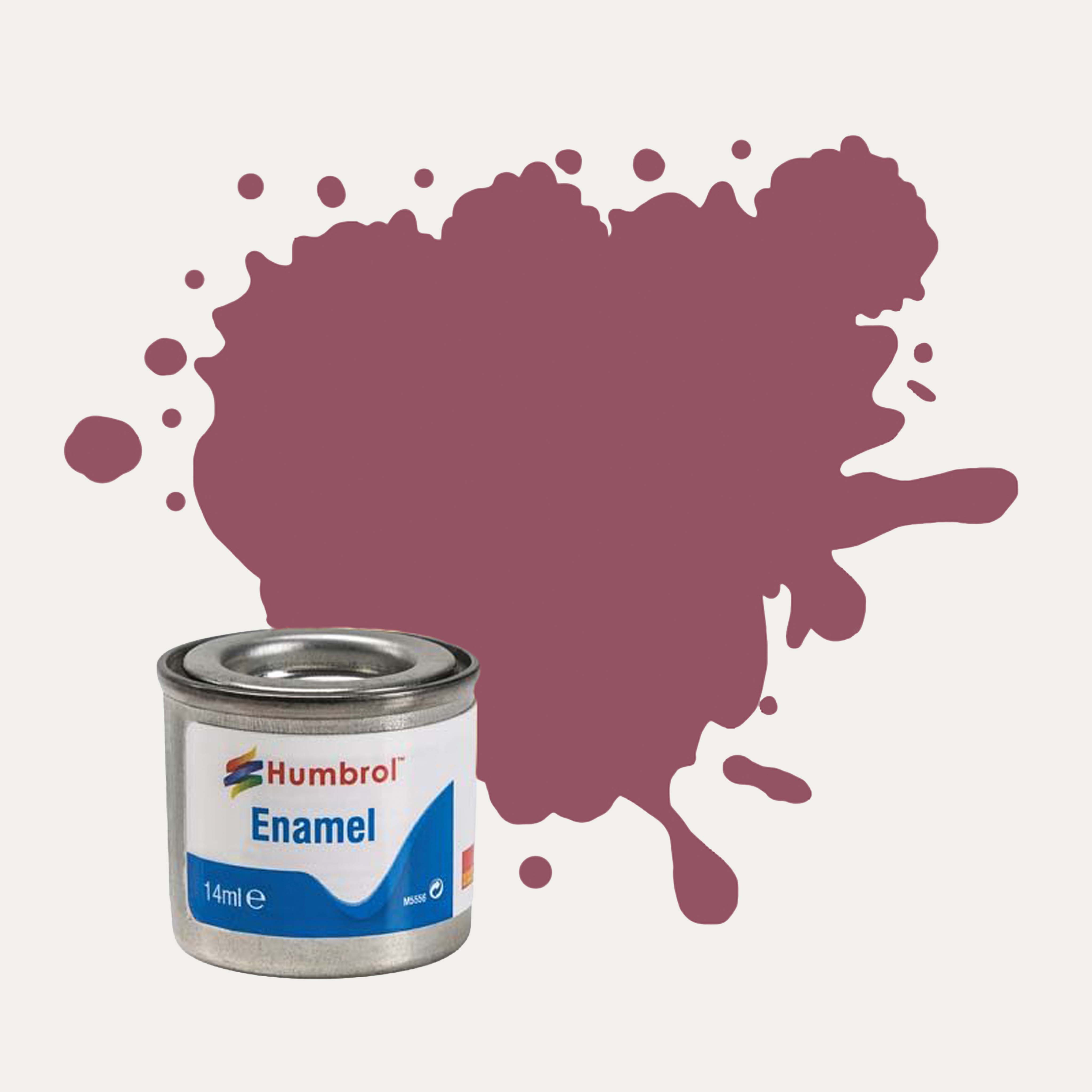 Humbrol Enamel paint tin, with a splatter of Wine Matt colour behind it, on a white background.