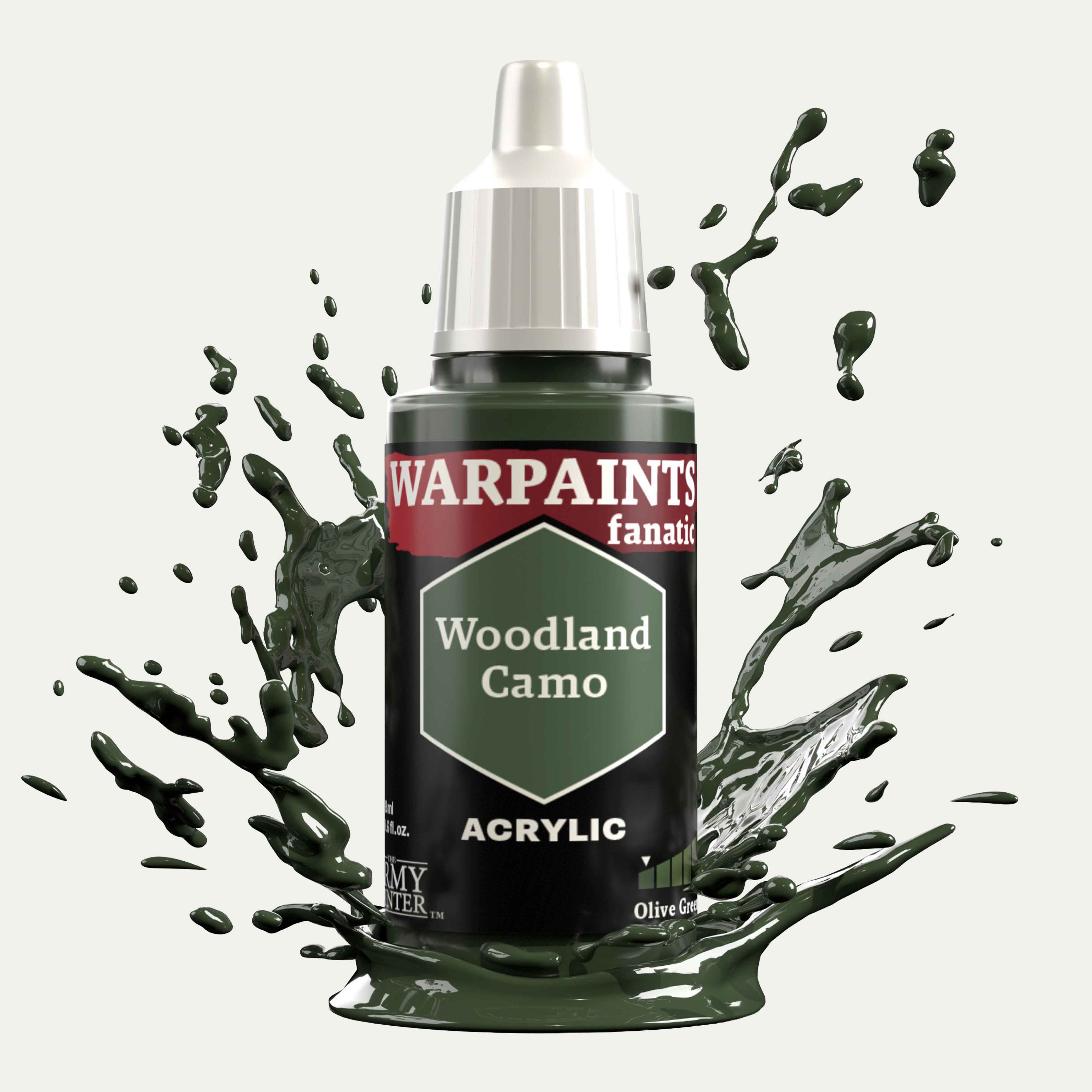 Bottle of the Army Painter Fanatics in the colour Woodland Camo on a white background. There are splatters of paint emerging from the bottom of the paint bottle. 