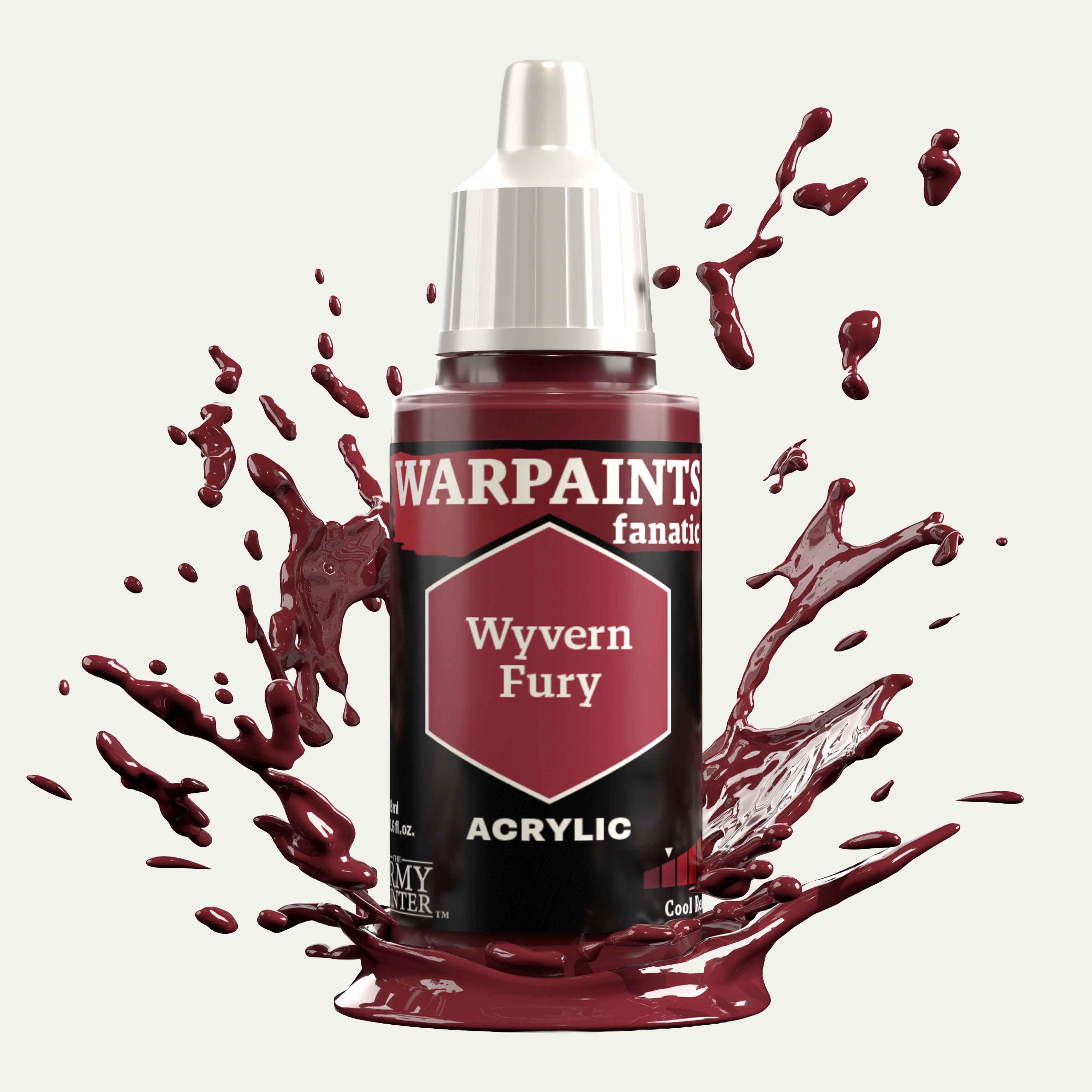 Bottle of the Army Painter Fanatics in the colour Wyvern Fury on a white background. There are splatters of paint emerging from the bottom of the paint bottle. 
