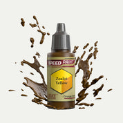 Bottle of the Army Painter Speedpaint in the colour Zealot Yellow on a white background. There are splatters of Zealot Yellow paint emerging from the bottom of the paint bottle.