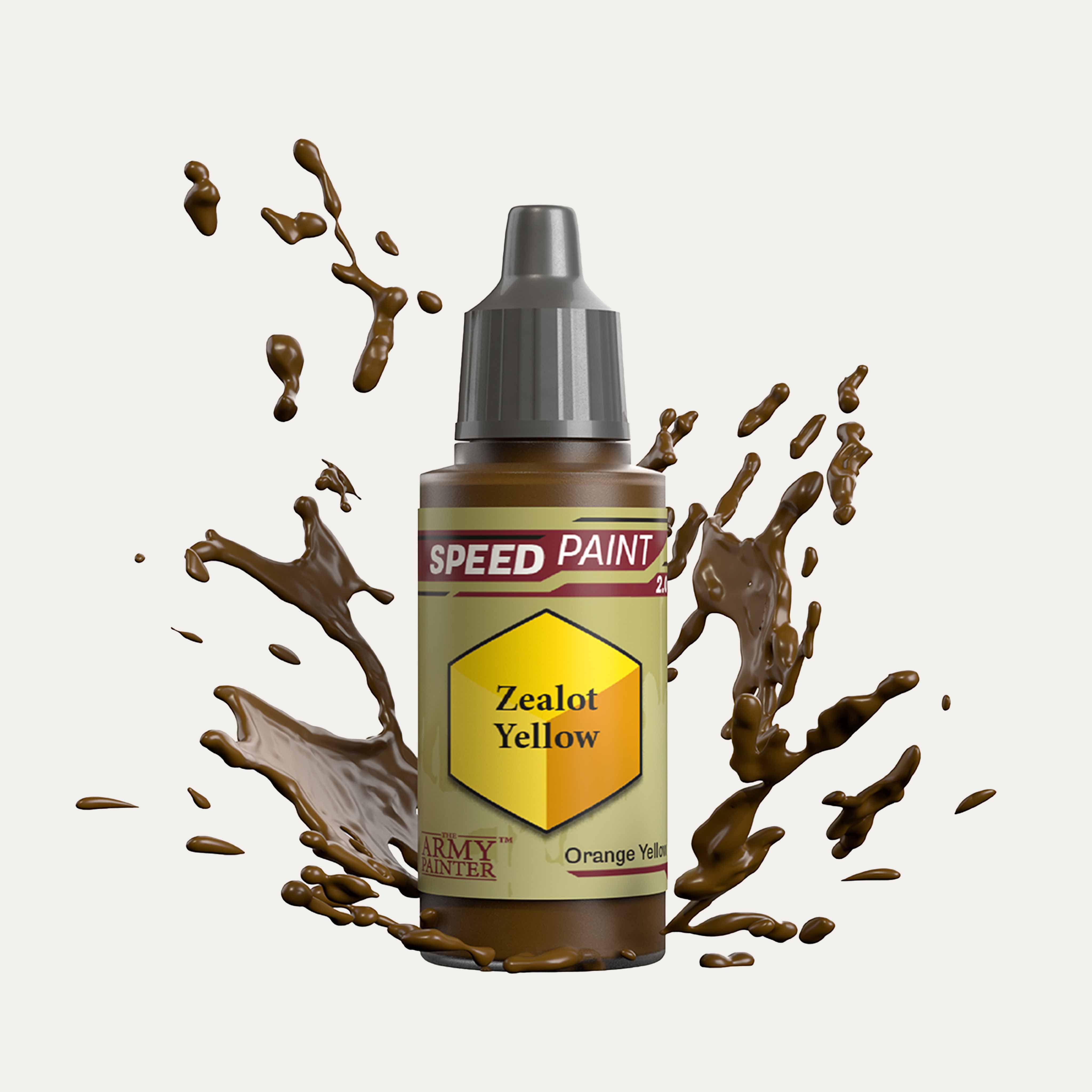 Bottle of the Army Painter Speedpaint in the colour Zealot Yellow on a white background. There are splatters of Zealot Yellow paint emerging from the bottom of the paint bottle.