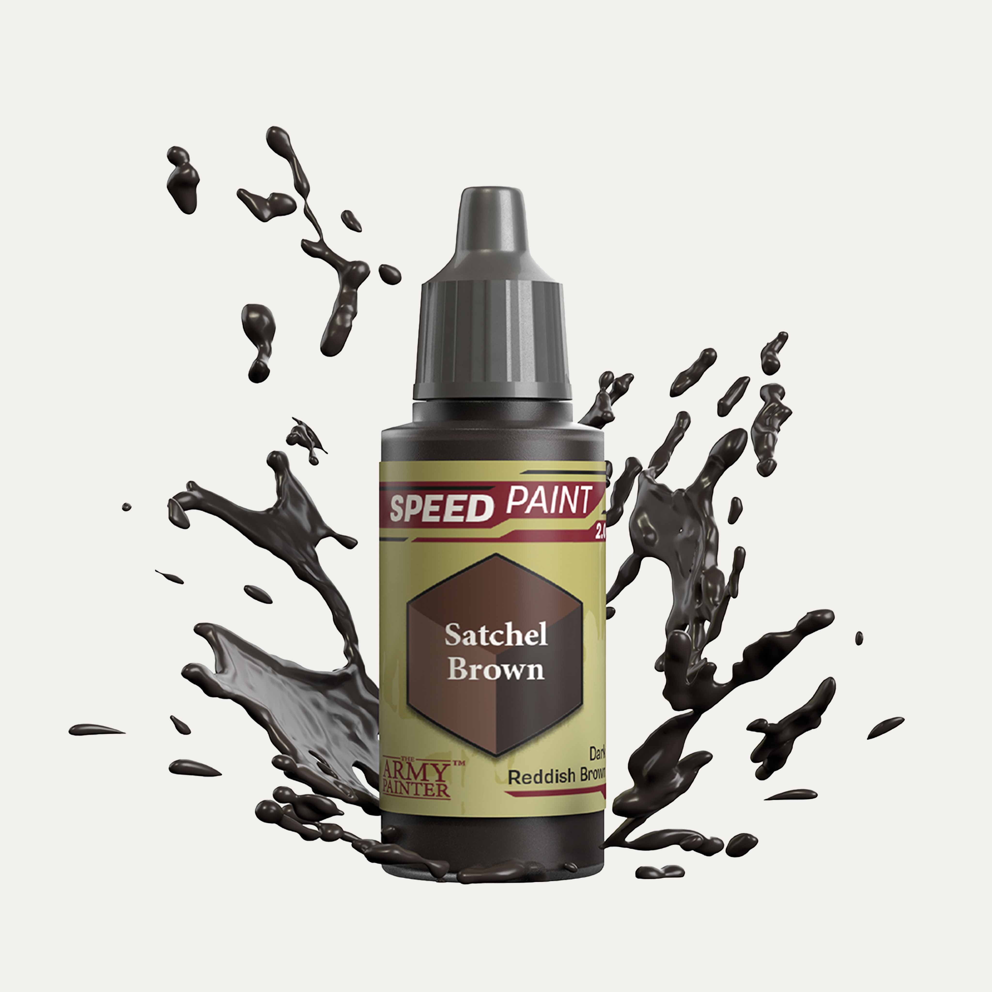 Bottle of the Army Painters Speedpaint in the colour Satchel Brown on a white background. There are splatters of Satchel Brown paint emerging from the bottom of the paint bottle. 